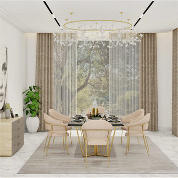 Contemporary 6-Seater Dining Room Design with Chandelier and Crockery Unit